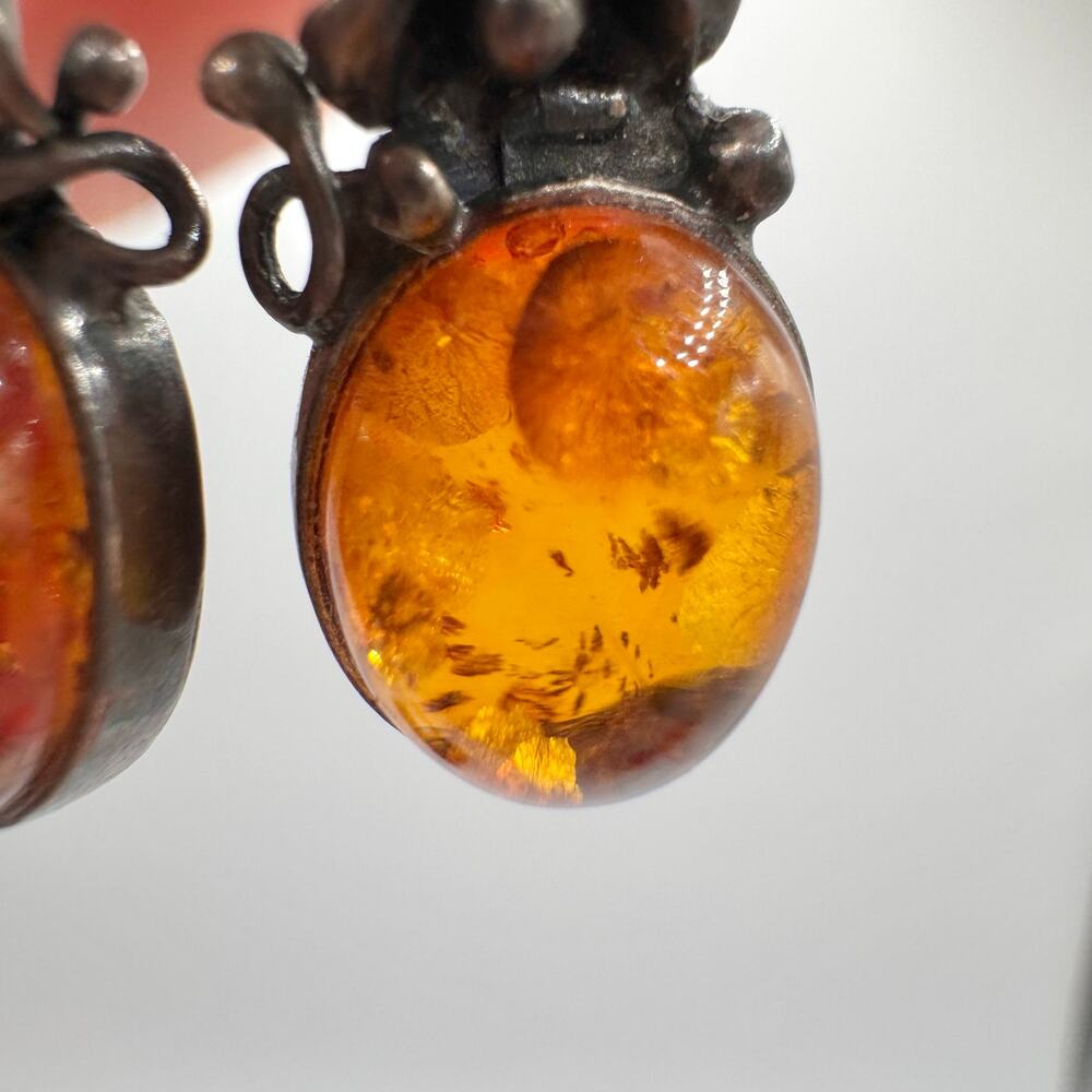Amber Patina’d Silver Earrings Art Nouveau Style Floral Acid Tested Ornate 4.78g - Picture 3 of 13